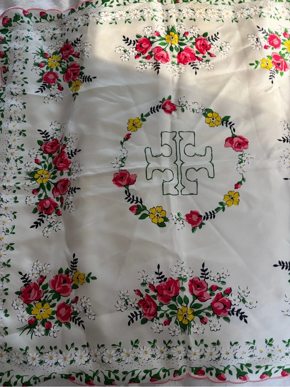 Tory Burch Neckerchief  Floral Square Scarf - Cream with Pink & Yellow Roses